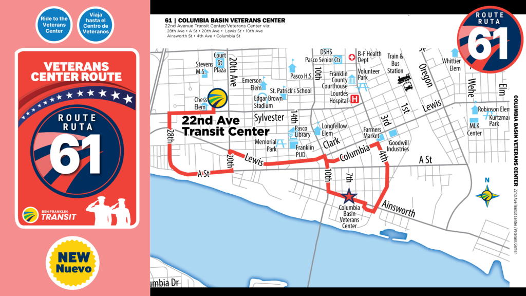 A map of Route 61, which takes passengers from the 22nd Avenue Transit Center to the Columbia Basin Veterans Center