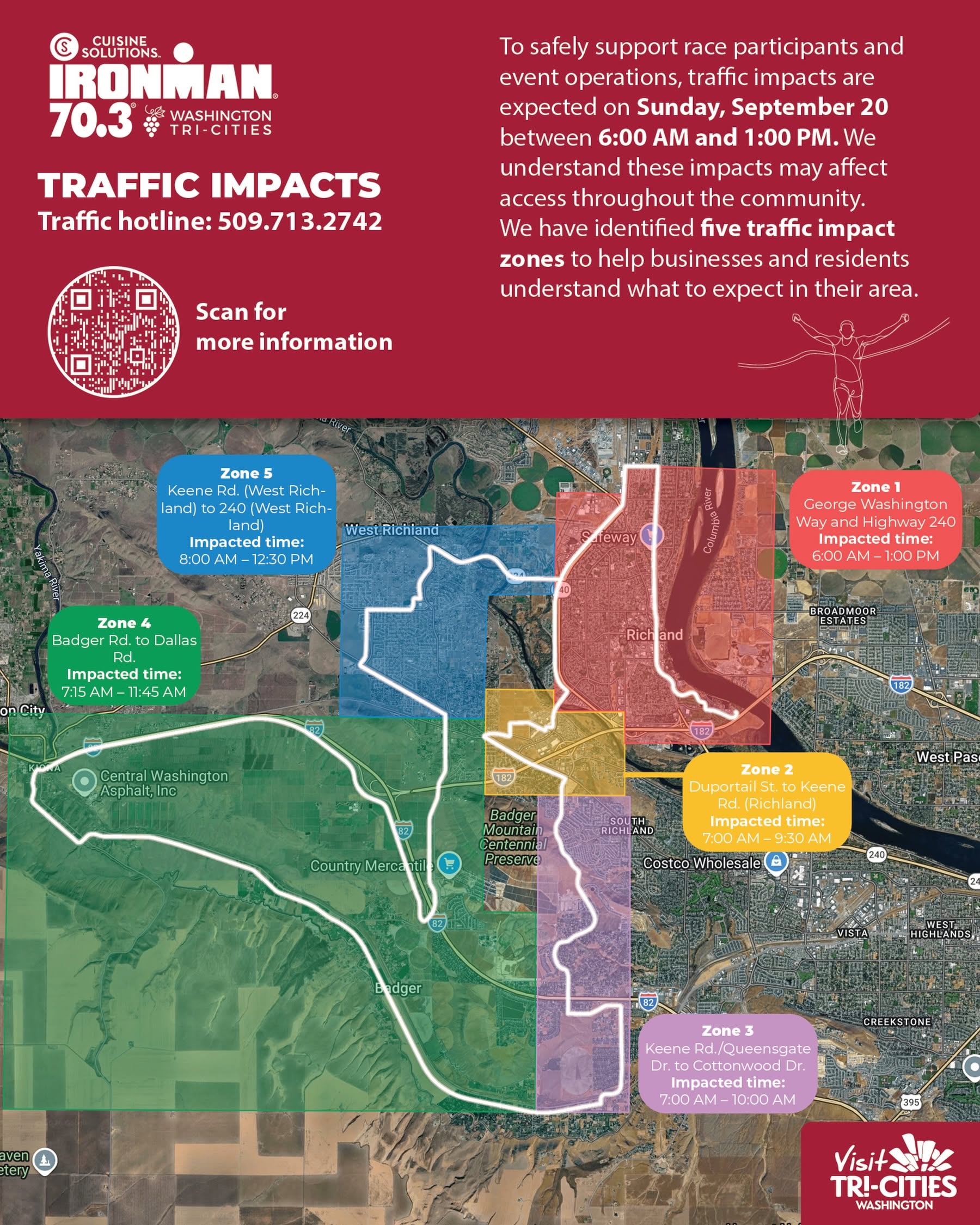 Map shows the IRONMAN 70.3 Washington Tri-Cities route for 2026.