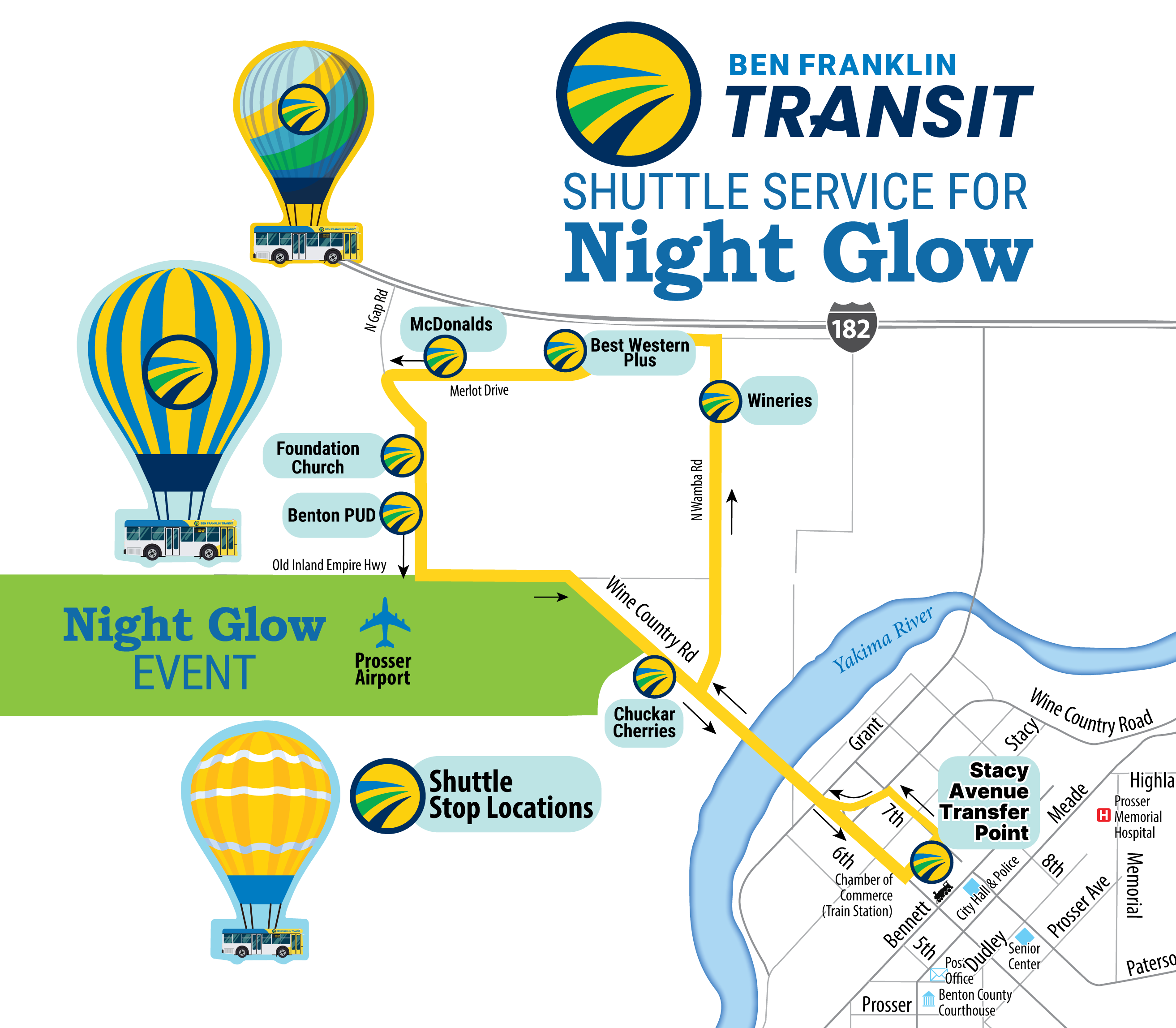 Map shows Nightglow shuttle pickup locations in Prosser: Stacy Avenue Transfer Point, Wineries, Best Western Plus, McDonalds, Foundation Church, Benton PUD, Prosser Airport, Chuckar Cherries.